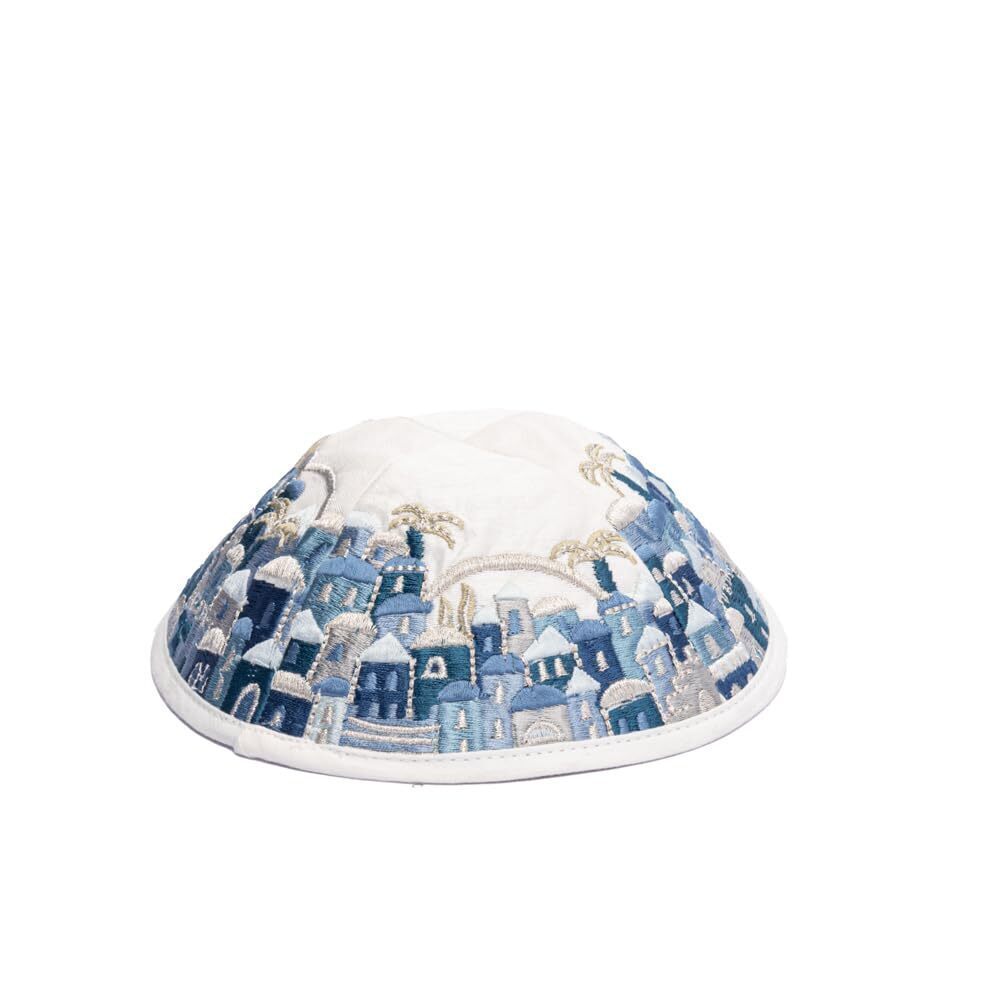 4171 Embroidered Kippah - Jerusalem Design Blue on White
